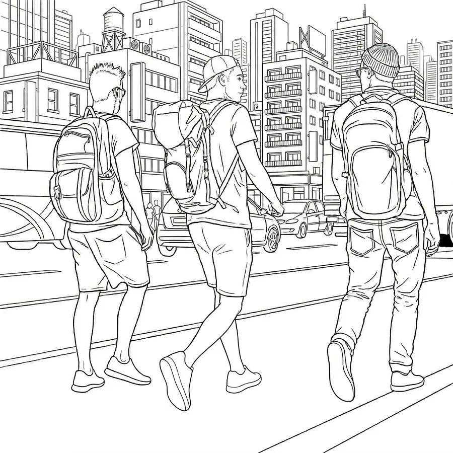 バックパックを背負った３人の男性