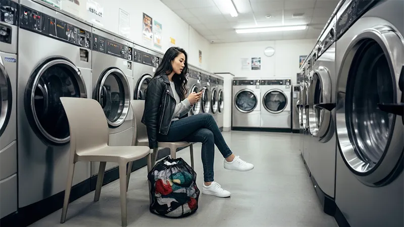 コインランドリーで洗濯が終わるのを待つ女性