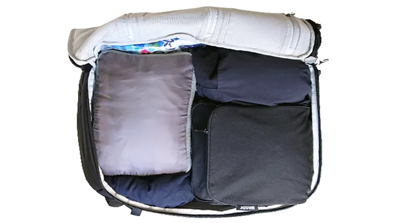 Matador GlobeRider35に約１か月分の旅行の荷物を詰めた図